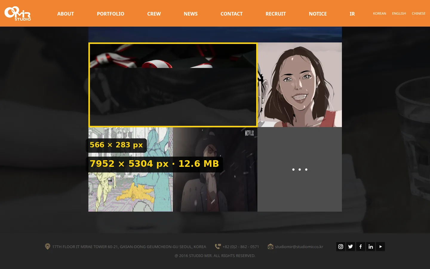 Página de inicio de Studio Mir con el área de 566 × 283 píxeles resaltada, todavía cargándose parcialmente, donde se muestra la imagen original de 7952 × 5304 píxeles y 12,6 MB