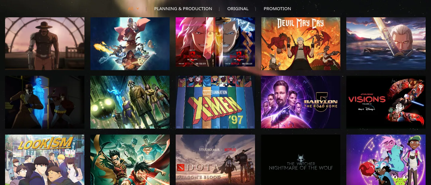 Cuadrícula del portafolio de Studio Mir con miniaturas de producciones como Devil May Cry, X-Men '97, The Witcher: Nightmare of the Wolf y Dota: Dragon's Blood